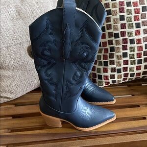 Cowboy Boots Embroidered Mid Calf Boots Stacked Low Heel Pointed Toe Pull On